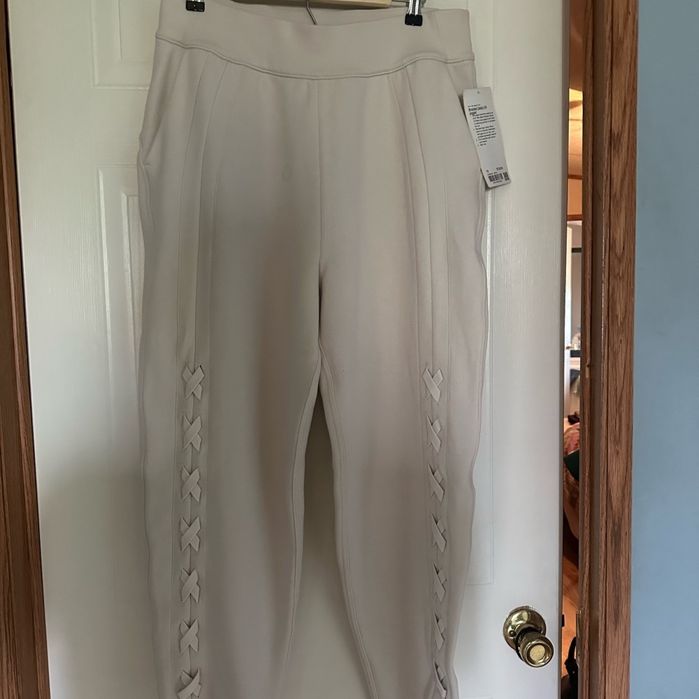 Women's Cream Ponte Knit Jogger Pants with Side Lace-Up Detail